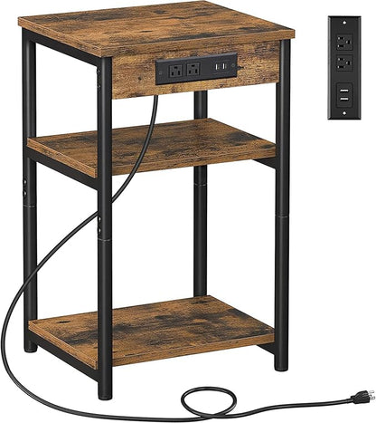 TUTOTAK End Table with Charging Station, Nightstand, 3-Tier Couch Side Table with USB Ports and Outlets, Bedside Table for Small Space, Living Room TB01BB026