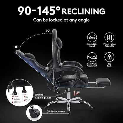 Gaming Chair,Computer Office Chair with Footrest,Massage Lumbar Support and Gel Pad,Ergonomic Reclining Adjustable Leather Gamer Chair with Headrest and Spring Cushion Black