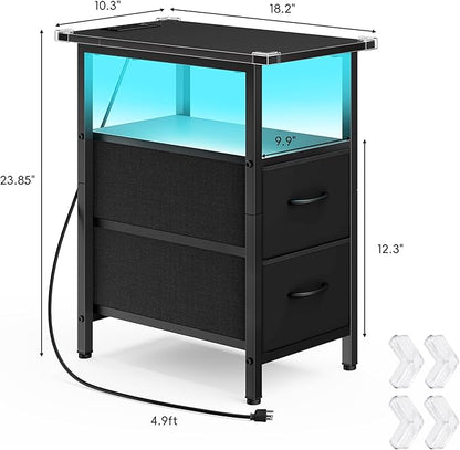 Vagusicc Black Nightstand with Charging Station and LED Lights, Narrow Side Table, LED Night Stand with 2 Fabric Drawers, Bedside Table with USB Ports and Outlets, Tall Nightstand for Bedroom, Black