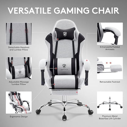 Gaming Chair Breathable Fabric,Computer Office Chair with Footrest,Massage Lumbar Support and Gel Pad,Ergonomic Reclining Adjustable Gamer Chair with Headrest and Spring Cushion Grey Black