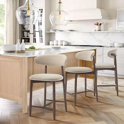 COLAMY Counter Height Bar Stools Set of 3, Kitchen Bar Stools with Back, Mid Century Modern Upholstered, with Wood Legs for Kitchen Island Dining Room, Beige