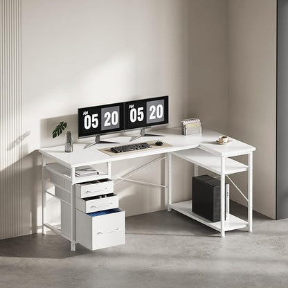 55" Computer Desk with Drawers, Desks for Bedrooms, Writing Desk with Storage, Work Desk for Small Space, White
