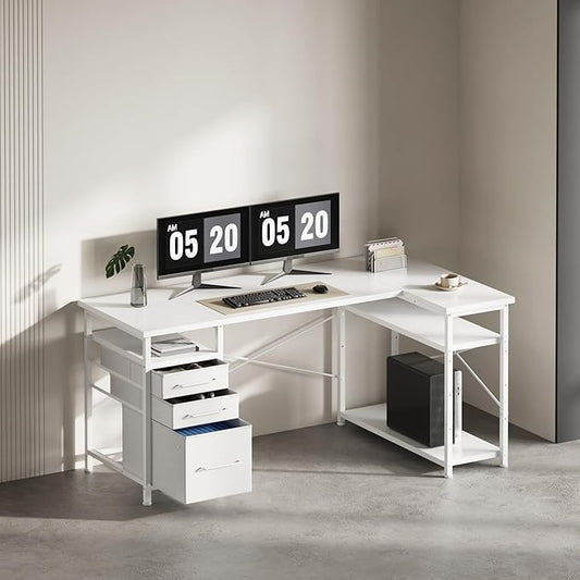 55" Computer Desk with Drawers, Desks for Bedrooms, Writing Desk with Storage, Work Desk for Small Space, White