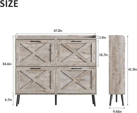 Maupvit Large Shoe Storage Cabinet with 4 Flip Drawers, Narrow Shoe Cabinet for Entryway with Wooden Legs, Freestanding Hidden Shoe Rack Organizer ＆ Metal Hinges, Light Rustic Oak