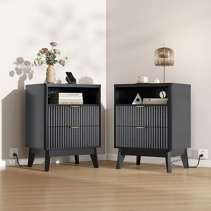 Fluted Nightstand Set of 2 with Charging Station, 19.7 inch Wide End Table with 2 Drawers, Modern Wood Bedside Table for Bedroom, Black