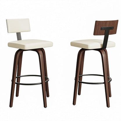 IRONCK Counter Height Bar Stools Set of 2, 29'' Faux Leather Upholstered Barstools with Back, Footrest, Wood Texture Bent Legs, Mid-Century Modern 360° Swivel Bar Stools for Kitchen Island, White