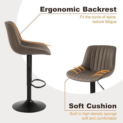 Bar Stools Set of 3, Swivel Counter Height Barstools with Back, Adjustable PU Leather Bar Chairs, Modern Armless Kitchen Island Stool, Brown