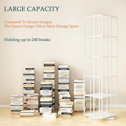 Square Rotating Bookshelf Tower - 360 Spinning Display Corner Bookcase for Narrow Space, Modern 5-Tier Revolving Storage Shelf, White