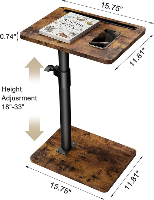 Sofa Armrest Tray Table for Couch - 360° Swivel Height Adjustable End for Small Spaces, Snack Side Table for Bed or Chair with Phone & Tablet Slot (Rustic,Standard)