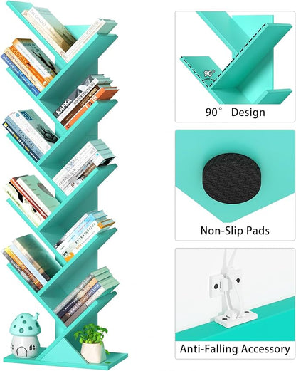 10 Tier Tree Book Shelf, Floor Standing Wood Bookshelf for Narrow Space, Storage Organizer Bookshelves for Books/CDs/Magazine, Bookcase with Shelves for Home Office, Living Room - Green