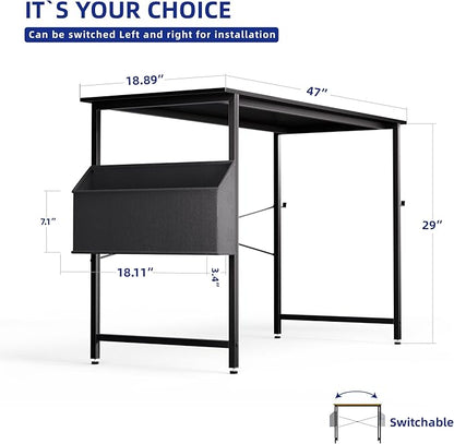 Pamray 47 Inch Computer Desk for Small Spaces with Storage Bag, Home Office Work Desk with Headphone Hook, Small Office Desk Study Writing Table