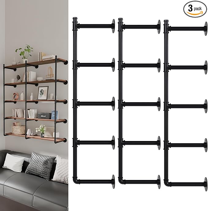 Industrial Pipe Shelf Brackets Wall Mount, Open Black Pipe Shelving for Kitchen,Floating Shelf Brackets Mount,Open Bookshelf Brackets for Shelves,Wall Shelves 12 Inch Deep,(2PcsX3Tier,61" Tall)