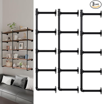 Industrial Pipe Shelf Brackets Wall Mount, Open Black Pipe Shelving for Kitchen,Floating Shelf Brackets Mount,Open Bookshelf Brackets for Shelves,Wall Shelves 12 Inch Deep,(2PcsX3Tier,61" Tall)