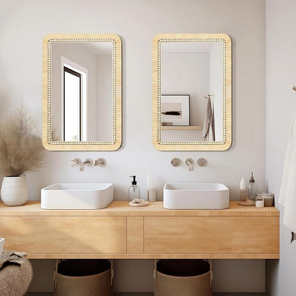 ULIKE Rattan Mirror for Bathroom, 22x30 Inch Rectangle Rustic Farmhouse Wall Decor with Handmade Wicker Frame, Boho Mirror for Nursery Bedroom Living Room Entryway