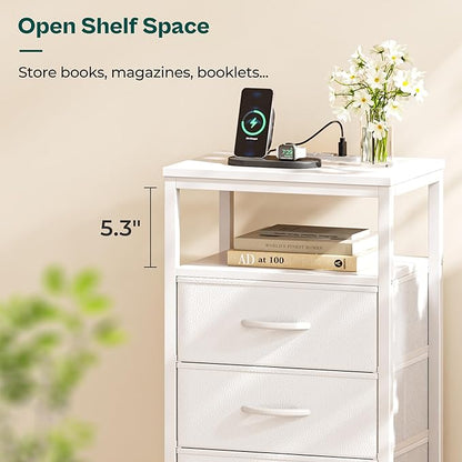 Huuger Nightstands Set of 2, 27.6 Inch End Tables with Charging Station, Bedside Tables with Drawers, PU Leather Finish, USB Port and Outlet, Night Stands for Bedroom, White
