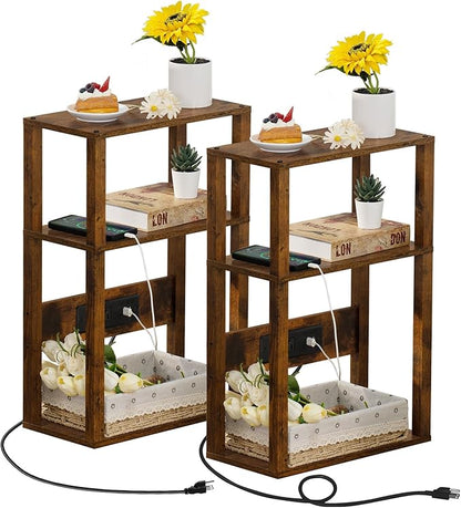 3-Tier Small Narrow Wood Side Table Set of 2 with Charging Station - Skinny Nightstand for Small Spaces, Slim Bedside Table with USB Ports and Outlets - Thin End Table with Storage, Brown