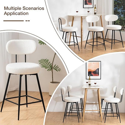 HOMMPA Swivel Bar Stools Set of 3 Counter Height Bar Stools Chiars 26'' Boucle Upholstered Modern Counter Barstools with Back Metal Legs Bar Chairs for Kitchen Counter Island White