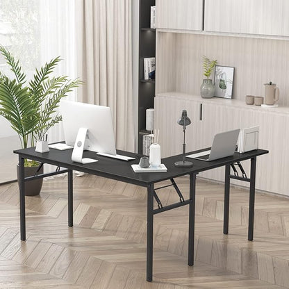DlandHome Reversible L-Shaped Desk Large Corner Desk Folding Table Computer Desk Home Office Table Computer Workstation, Brown Black, ND11