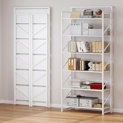 JSB No Assembly Folding Bookshelf, 6 Tier Industrial Metal Book Shelf for Storage, Vintage Wood Foldable Bookcase for Living Room, Bedroom, Office Organization Shelves