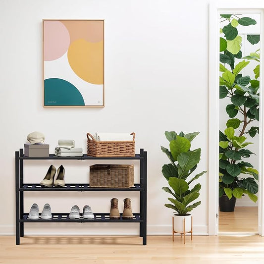 Haddockway 3 Tier Bamboo Shoe Rack Storage Organizer, Multifunctional Free Standing Stackable Shoe Shelf with Grid Panel for Closet,Hallway,Entryway,Small Space 27"x11"x20" (Black, 3 Tier)
