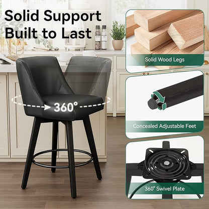 Vipbear Swivel Counter Height Bar Stools Set of 3,26.8" H Counter Stools with Back, Mid Century Modern Bar Stools for Kitchen Island,Faux Leather,Wooden Base, Black