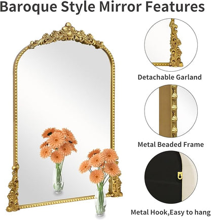 Vintage Arched Mirror, 24"x 36"Antique Baroque Mirror Style Metal Beaded Frame for Entryway Hallway Living Room,Vintage Gold