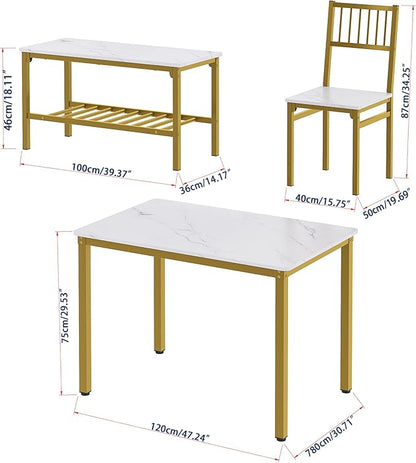 Teraves Dining Table Set for 4/Computer Desk,Kitchen Table with 2 Chairs and a Bench,Table and Chairs Dining Set 4 Picce Set for Dining Room (White Marbling+ Gold Frame,120CM)