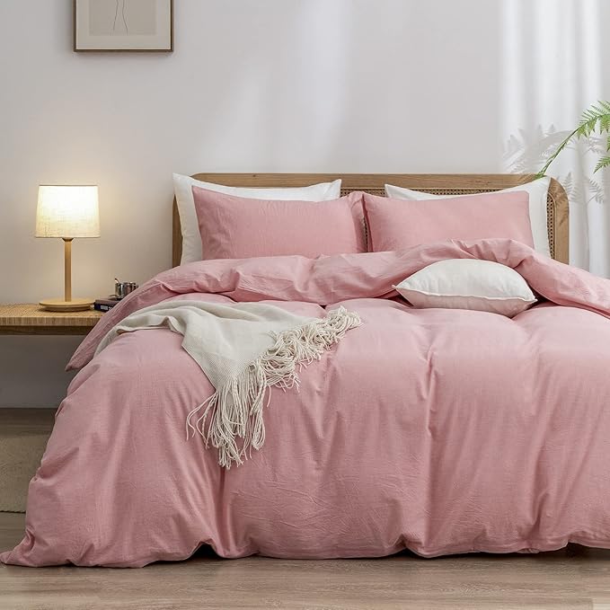 BESTOUCH Duvet Cover Set 100% Washed Cotton Linen Feel Super Soft Comfortable Chic Lightweight 3 PCs Home Bedding Set Solid Red Pink King