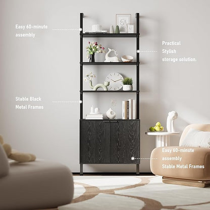 74" Tall Bookshelf with Storage Cabinet, Modern Ladder Shelf with Wood and Metal Frame, Wall Mount Bookcase Open Display Shelf Furniture for Living Room, Bedroom, Home Office，Black