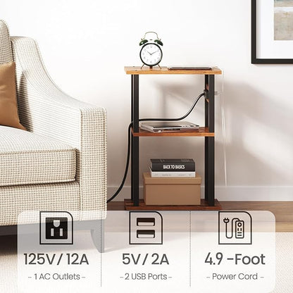 TUTOTAK Small Narrow Side Table with Charging Station, Skinny End Table for Small Spaces, Slim Nightstand with USB Ports and Outlet, Sofa Beside Table with Wheels, Brown TB01BB046