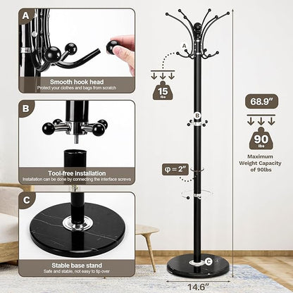 Coat Rack Freestanding with Marble Base, Heavy Duty Clothes Tree with Hooks and Umbrella Storage, Metal Hall Holder for Hanging Jacket, Hats, Scarf, Bag, Suitable for Entryway,Bedroom