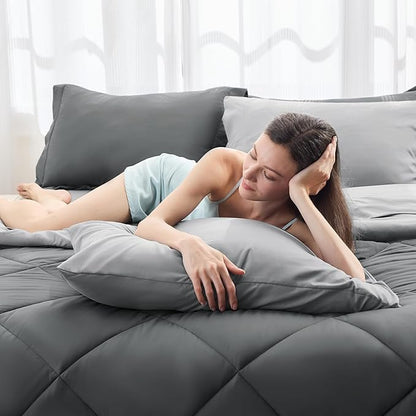 HEVUMYI Full Comforter Set - 7-Piece All Season Bed in a Bag Full, Ultra Soft Bedding Set with Comforter, Flat Sheet, Fitted Sheet, Pillowcases, Pillow Shams, Dark Grey & Light Grey