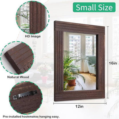 Mirrors for Wall Rustic Wooden Frame Rectangle Mirror Vintage Hanging Mirror for Bedroom Bathroom Living Room Farmhouse Wall Decor Brown Small 16" x 12 "