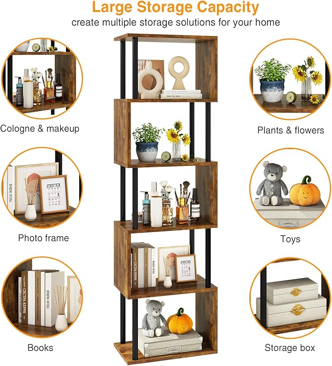 IBUYKE 6-Tier Tall Bookshelf,S-Shaped Geometric Bookcase, Wood Display Shelves with Storage,Industrial Bookshelf for Living Room Bedroom, Home Office, Rustic Brown WBC016H
