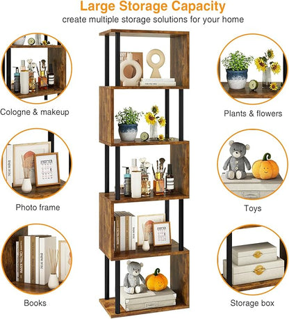 IBUYKE 6-Tier Tall Bookshelf,S-Shaped Geometric Bookcase, Wood Display Shelves with Storage,Industrial Bookshelf for Living Room Bedroom, Home Office, Rustic Brown WBC016H