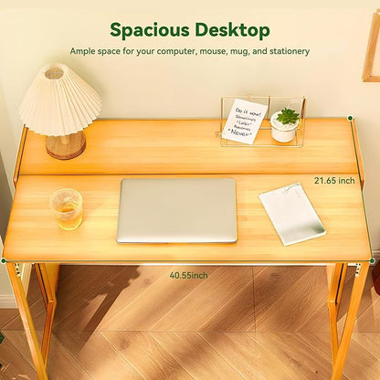 Bamboo Folding Desk Mid Century Modern Desk for Home Office Bedroom Small Spaces, Natural，40.55" Long Desktop