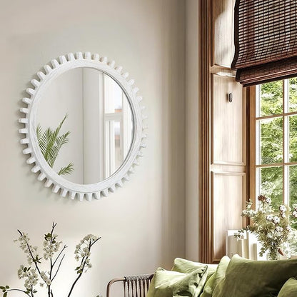 ULIKE Round Wood Mirror, 24 Inch Rustic Farmhouse Circle Mirror with Wooden Frame, Mordern Wall Decor for Bathroom Nursery Bedroom Living Room Entryway, White