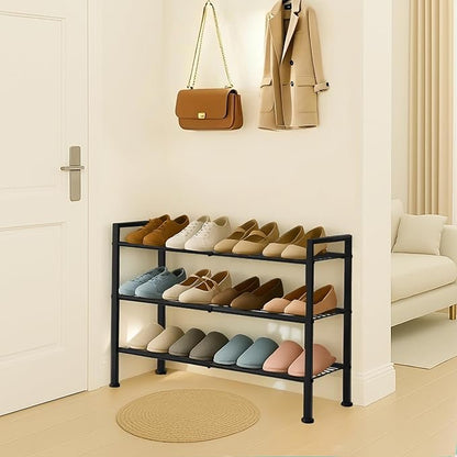 Simple 3 Tier Shoe Rack,Metal Stackable Shoe Storage Organizer for Closet,Entryway, Bedroom, Black (Black, 3-Tier)
