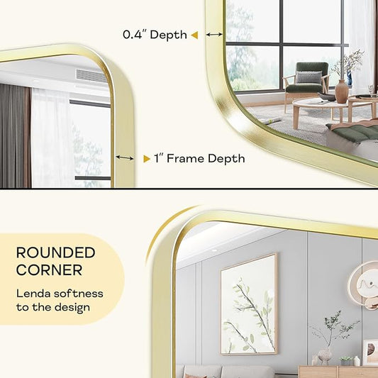 Wall Mount Mirror for Bathroom, Brushed Gold Metal Framed Rounded Corner Rectangular Vanity Mirror (20" x 30", Gold)