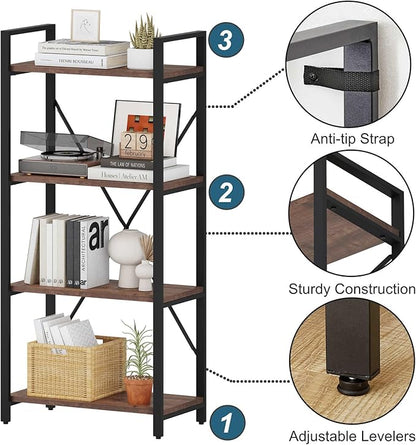 BON AUGURE Industrial 4 Tier Bookshelf, Modern Open Etagere Bookcase, Wood Metal Vintage Shelving Unit for Office Bedroom and Living Room, Heavy Duty Book Shelf (Rustic Oak)