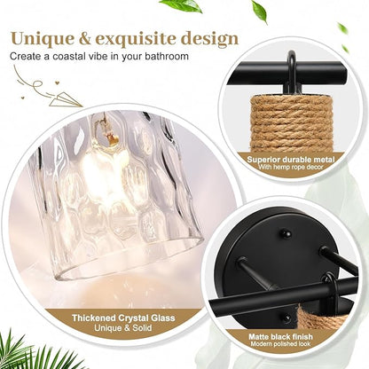 2025 Upgrade Bathroom Light Fixtures, 3-Light Coastal Vanity Lights with Crystal Glass Shade, Black Bathroom Wall Lamp for Mirror Kitchen Hallway Cabinet