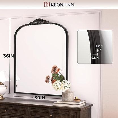 Keonjinn Vintage Arched Wall Mirror 30" x 36", Black Antique Mirrors with Metal Frame, Ornate Baroque Decoration for Mantle, Bathroom, Living Room, Fireplace, French Cleat Mounting