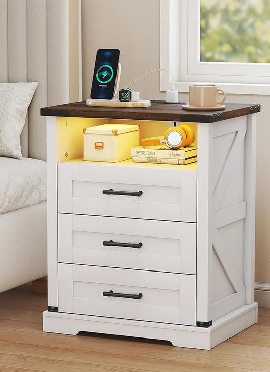 Night Stand with Charging Station 22" Large Farmhouse Nightstands with 3 Drawers and Open Storage Smart Bedside Table with Human Sensor LED Light End Tables for Bedroom Living Room White