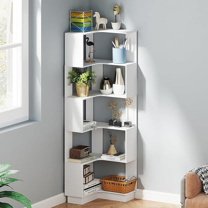 Corner Bookshelf, 68.9" Tall Wooden Corner Bookcase 5 Tiers L-Shaped Storage Freestanding Display Rack Large Open Bookshelf with Fixture for Living Room Bedroom Study Office (White)