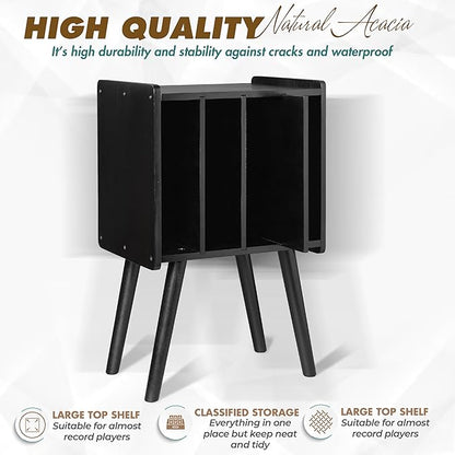 Wooden LP Record Player Stand with 4 Cabinets, Holds up to 100 Vinyls, Metal Record Storage Holder and Organizer Table, Classical Design for Files/Book (Mid-Century Modern)