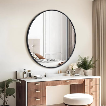 30 Inch Black Round Wall Mirror, Circle Bathroom Mirror with Brushed Metal Frame, Anti-Rust Tempered Glass Vanity Mirror for Bedroom, Entryway, Living Room Farmhouse Decor