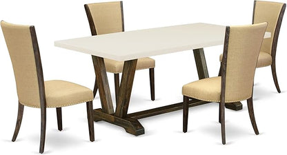 East West Furniture V727VE703-5 5 Piece Dining Room Table Set Includes a Rectangle Dining Table with V-Legs and 4 Brown Linen Fabric Upholstered Parson Chairs, 40x72 Inch, Multi-Color