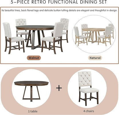 Ball & Cast 5 Piece Dining Table Set with 4 Upholstered Chairs,Living Room Furniture W/ 42" Table,Tabletop Can be Adjusted from Round to Oval in Shape,for Restaurant,Home Bistro,Walnut