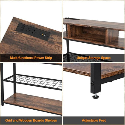 Console Tables with Charging Station, 4 Tier Narrow Sofa Tables with Storage Shelves, Entryway Tables with Outlet and USB Ports, Behind Couch Table for Living Room Hallway, Rustic Brown