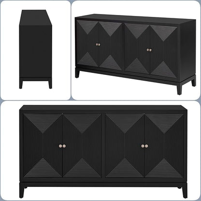 Merax 60" Sideboard Buffet Storage Cabinet with 4 Doors and Adjustable Shelves, Modern Wooden Accent Fluted Credenza Console Table for Kitchen, Study, Dining, Living Room, Coffee Bar, Entryway, Black